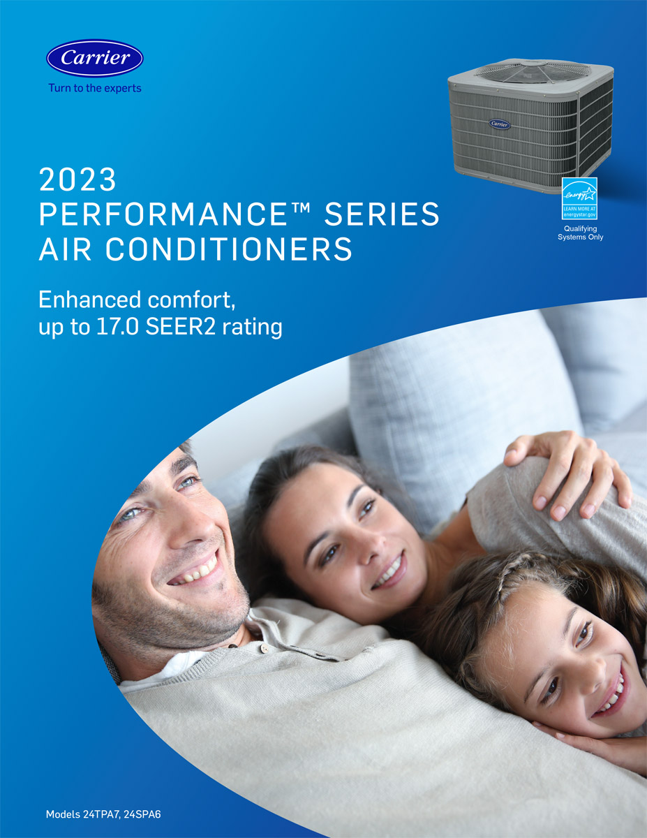 PREFORMANCE(TM) SERIES AIR CONDITIONERS Enhanced comfort, up to 17.0 SEER2 rating. Happy family together on couch.