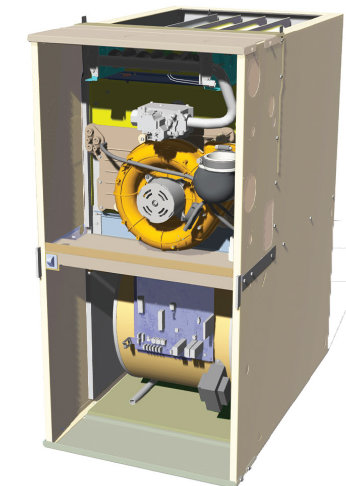 Comfort(TM) Gas Furnace cutaway view showing heat exchanger, blower and gas valve
