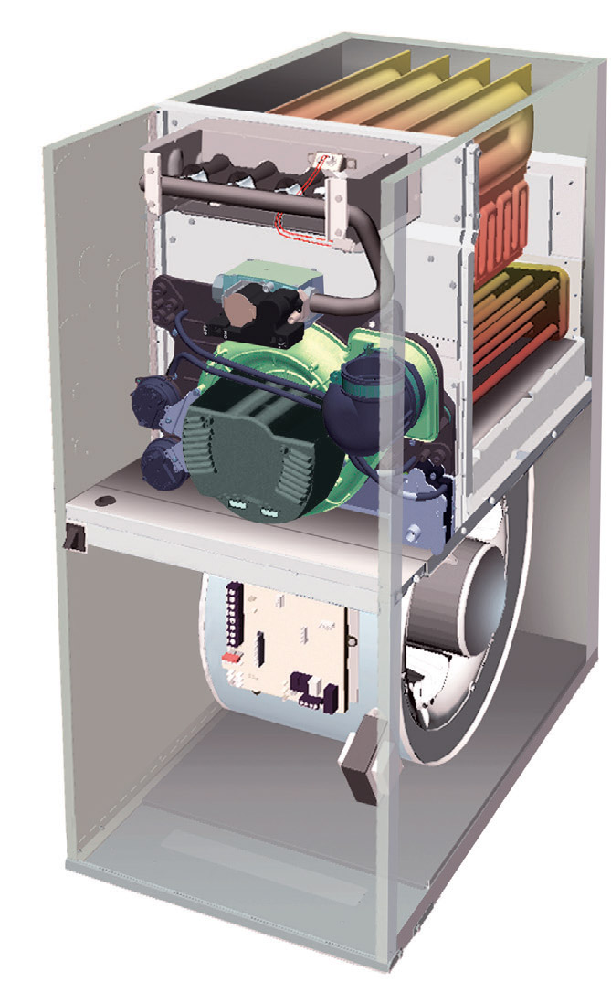 Infinity® Gas Furnace cutaway view showing heat exchanger, blower and gas valve